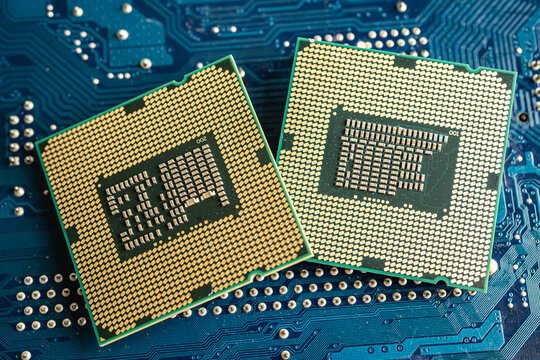 CPU, central processor unit chip Chip on circuit board in PC and laptop computer technology.