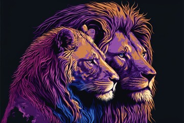 Color, digital portrait of a lion hugging a lioness in the style of pop art. AI - obrazy, fototapety, plakaty