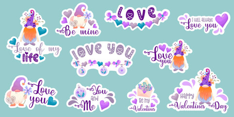 Love stickers with valentine gnome set. Character gnome with garland and heart. Love you text for february holiday. Cartoon vector illustration.