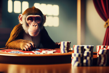 closeup of monkey sitting at casino table with cards and chips in front of him and a red curtain behind him and playing poker, no people, generative AI
