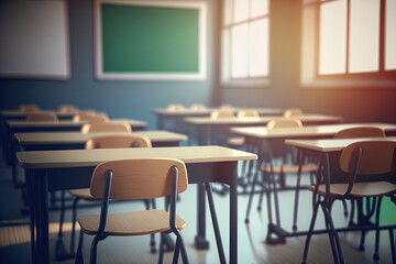 School classroom in selective focus background without young student; Blurry view of elementary class room no kid or teacher with chairs and tables in campus. Generative AI