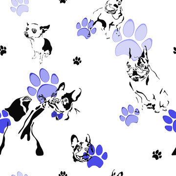 Dog seamless pattern with paw. Black animal print of French Bulldog, Pitbull, American Staffordshire Terrier and Chihuahua. Packaging template, textiles, bedding and wallpaper.