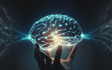 Hand holding glowing brain on technology background - obrazy, fototapety, plakaty