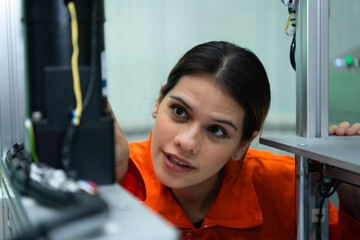 In an electronic parts facility, Female engineers In the plant, inspecting and testing robotic hands used in the production of electronic components.