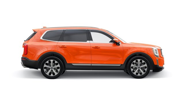 Dallas, USA. December 25, 2022. KIA Telluride 2020. Orange mid-size SUV for family and work on a white background. 3d rendering
