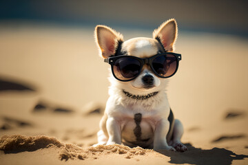 A cute chihuahua puppy wearing sunglasses poses on a beach. Generative AI