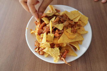 Corn chips nachos with fried minced meat