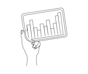 Continuous one line drawing of hand holding tab with chart graph. Business statistic on tablet line art vector illustration.