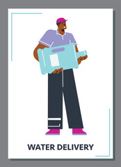 Water delivery man holding big bottle of water, poster template - flat vector illustration.