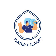 Water delivery service emblem with deliver in frame, flat vector isolated.