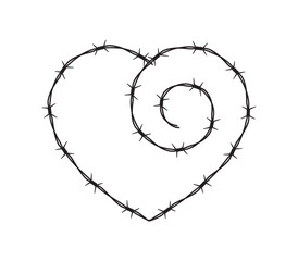 Vector silhouette of a barbed wire in the shape of a heart. Love symbol. Isolated on white background