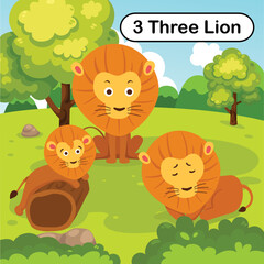 Obraz na płótnie Canvas Flashcard number three with 3 lion learning for kid illustration vector