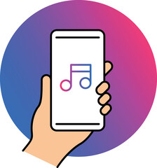 smartphone icon. Human hand holding smartphone while listening to music or podcast. music application. Song playback screen.