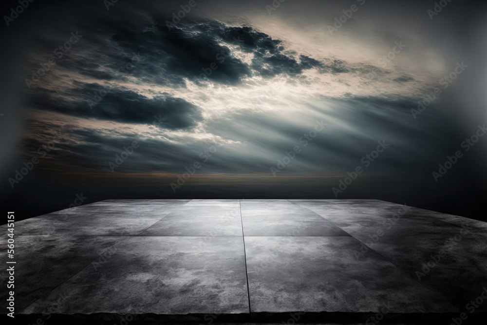 Sticker Dramatic Horizon Sky and Black Concrete Floor Background Scene. Generative AI