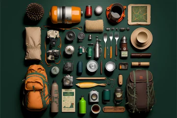 Foto auf Acrylglas Camping Knolling photography of camping equipment