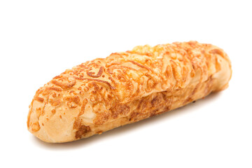 Freshly baked cheese sticks bun isolated on white background. Copy space.	