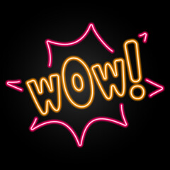 wow neon sign, modern glowing banner design, colorful modern design trends on black background. Vector illustration.