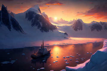 Naklejka na ściany i meble Ship, beautiful arctic landscape. Generative AI.