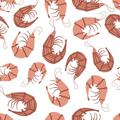 Seamless pattern with shrimps or prawns on a white background.
