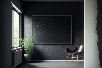 Black blackboard in concrete room. Generative AI