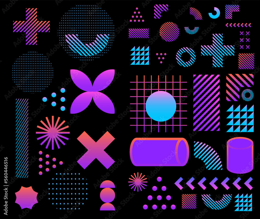 Poster Creative abstract collage of different forms and shapes in neon gradient color palette. 