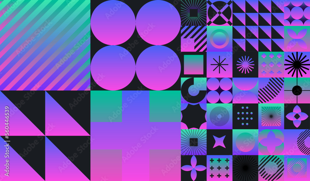 Poster Creative abstract collage of different forms and shapes in neon gradient color palette. 