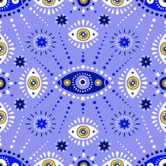 Background of Turkish evil eye symbols. Ethnic style blue mauve greek protection from the spoilage signs with golden details. EPS 10 vector seamless pattern for wrapping paper, textile, package print