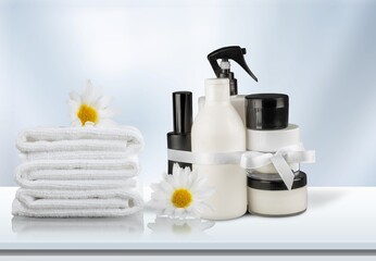 Soft bath towels and soap on the desk