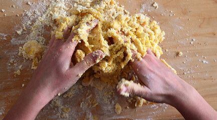 young caucasian female hands kneading shortcrust pastry for sweet tarte