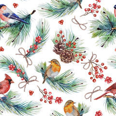 Watercolor hand-painted holiday seamless pattern. New Years`pattern with winter birds, pine branches and cones, and berries on a transparent background.