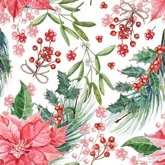 Watercolor hand-painted holiday seamless pattern. New Years`pattern with poinsettia flowers, holly, mistletoe and pine branches, and berries on a transparent background.