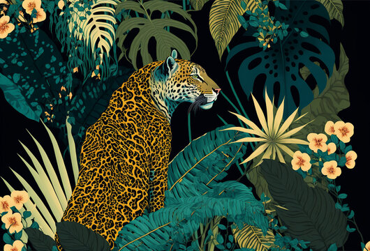 Tropical art nouveu, art deco print design with leaves and leopard. Generative ai