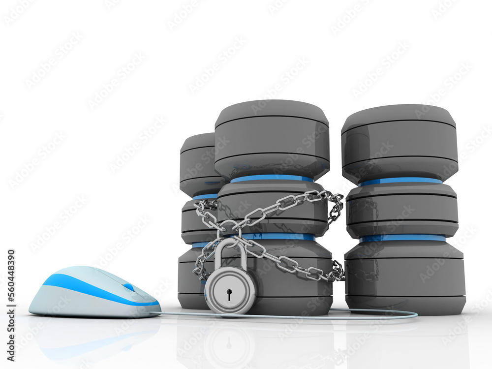 Poster 3d rendering database storage data base protected lock connected mouse