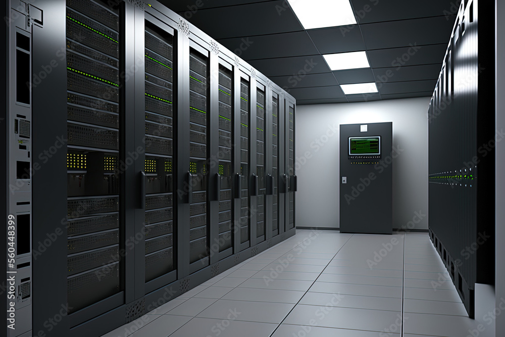 Poster the data center has a room with rows of server hardware. generative ai