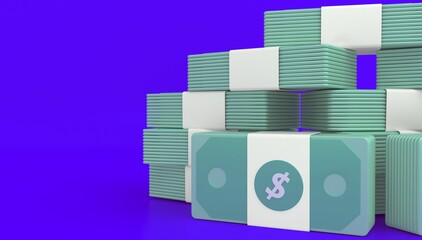 Money pack, banknotes on pink background, business investment profit, money savings concept. 3d rendering.
