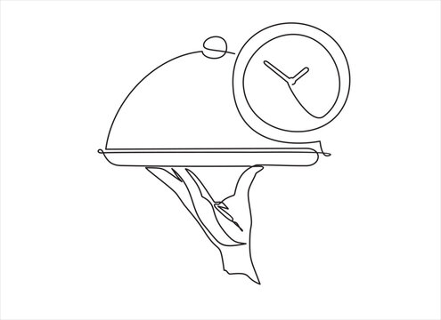 Serve Clock. One continuous line drawing. The waiter carries clock on a tray. Food in a restaurant. A hand holds a tray. Line Art 
