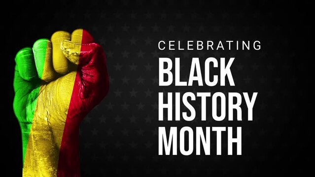 Black History Month 4k animation with fist and typography. Black history month celebration concept backdrop