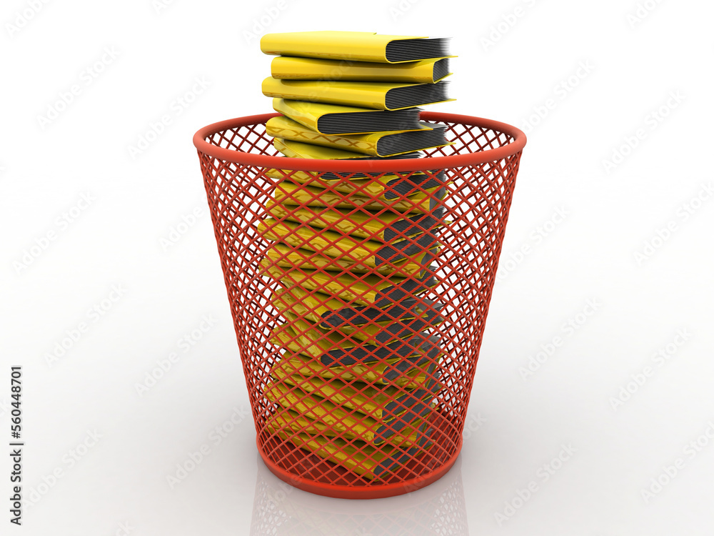 Poster 3d rendering folder with documents in recycle bin