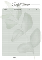 Monthly Budget and Finance Planner. Vector notebook page. A4 format, ready to print
