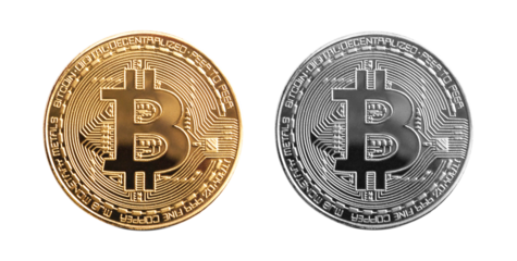 golden and silver bitcoin coin crypto money isolated on a transparent background