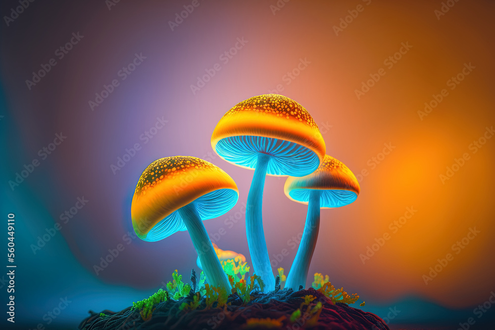 Canvas Prints beautiful mushrooms with color light background texture. macro photography view. generative ai