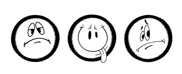 Three graffiti emoticons. Smiling face painted spray paint. Vector illustration on white background