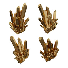 Golden crystals, gems, esoteric accessory. 3d illustration