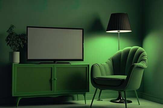 Shot of a TV with Horizontal Green Screen Mock Up. Cozy Evening Living Room with a Chair and Lamps Turned On at Home. Generative AI