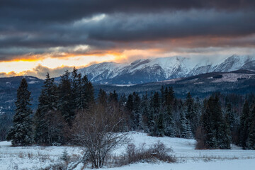Fototapeta na wymiar Winter landscape of Tatra Mountains at sunrise. Poland