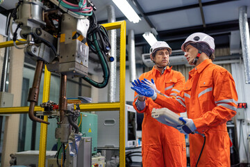 Engineer teach trainee operation maintenance and programing robot arm to work on heavy industry