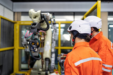 Engineer teach trainee operation maintenance and programing robot arm to work on heavy industry