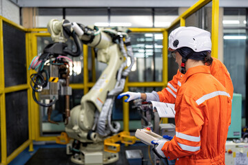 Engineer teach trainee operation maintenance and programing robot arm to work on heavy industry