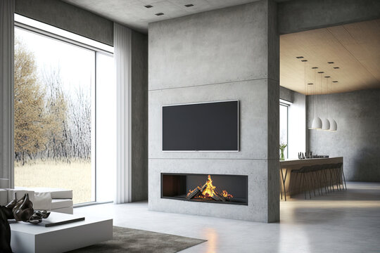 Spacious villa interior with cement wall effect, fireplace and tv. Generative AI