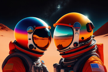 Back view of astronauts exploring Mars surface. Generative AI